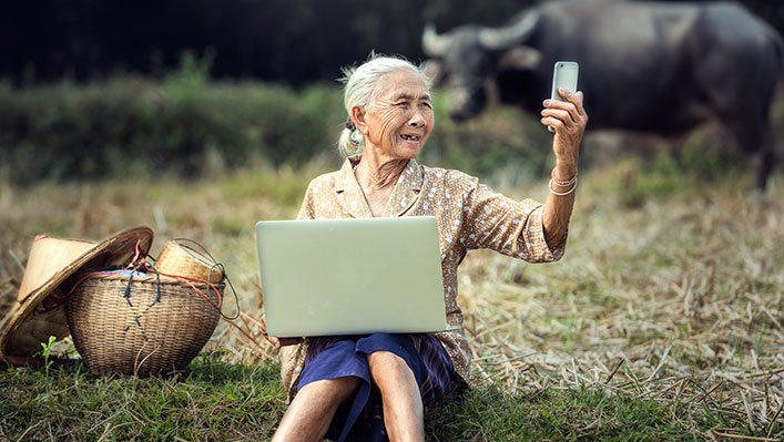 An older Asian woman in the countryside with a laptop on her lap and looking at her cell phone. A bull stands in the background.